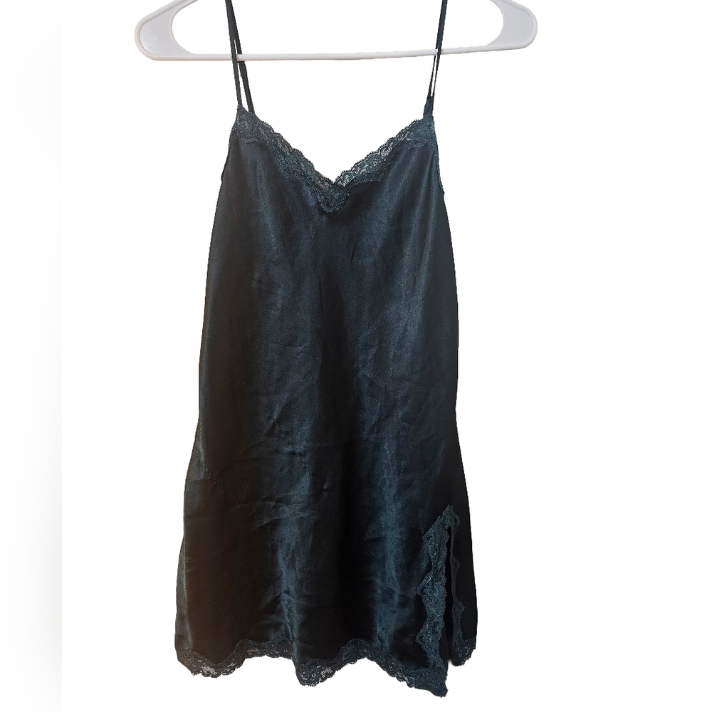 Victoria's Secret Dark Green Silky Chemise With Lace Detail